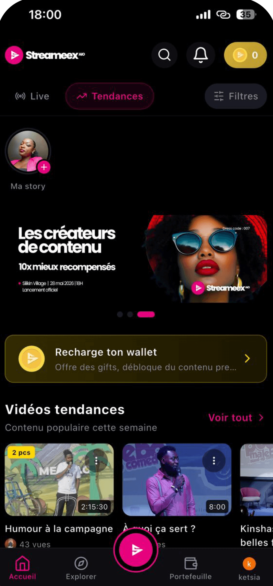 Fil d'accueil de Streameex AIO : stories, vidéos tendances et solde en pièces