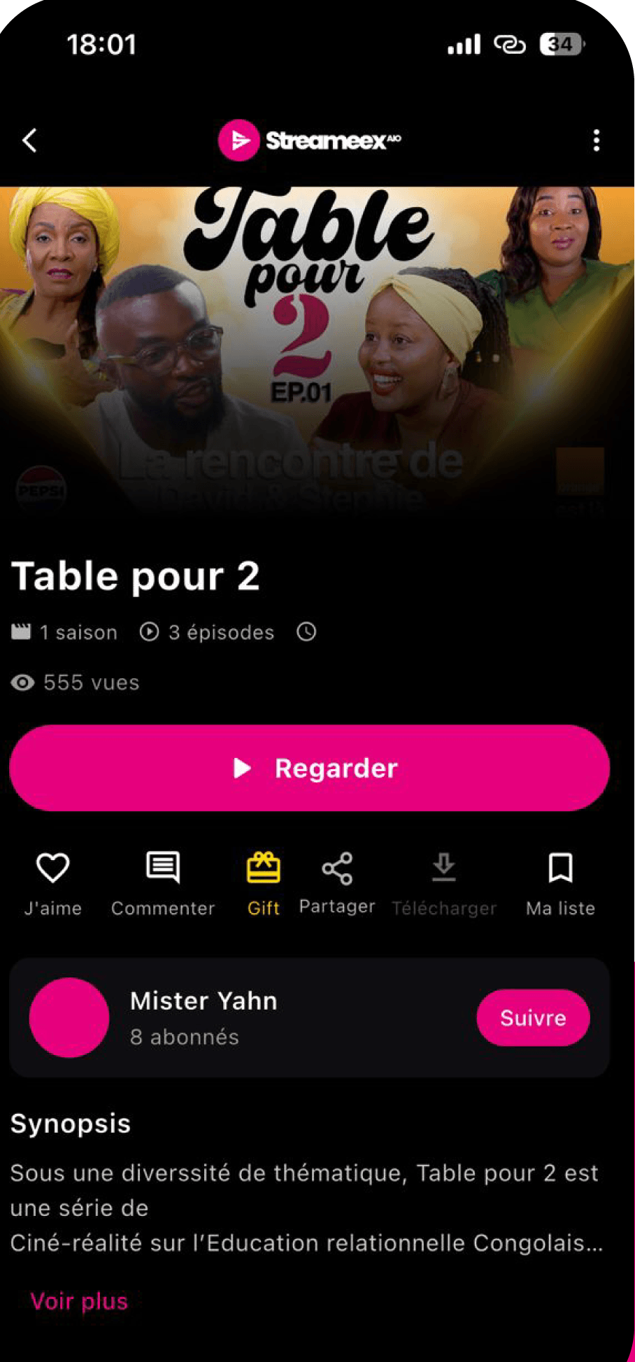Fiche d'une série sur Streameex AIO, avec ses saisons, ses épisodes et le bouton de don