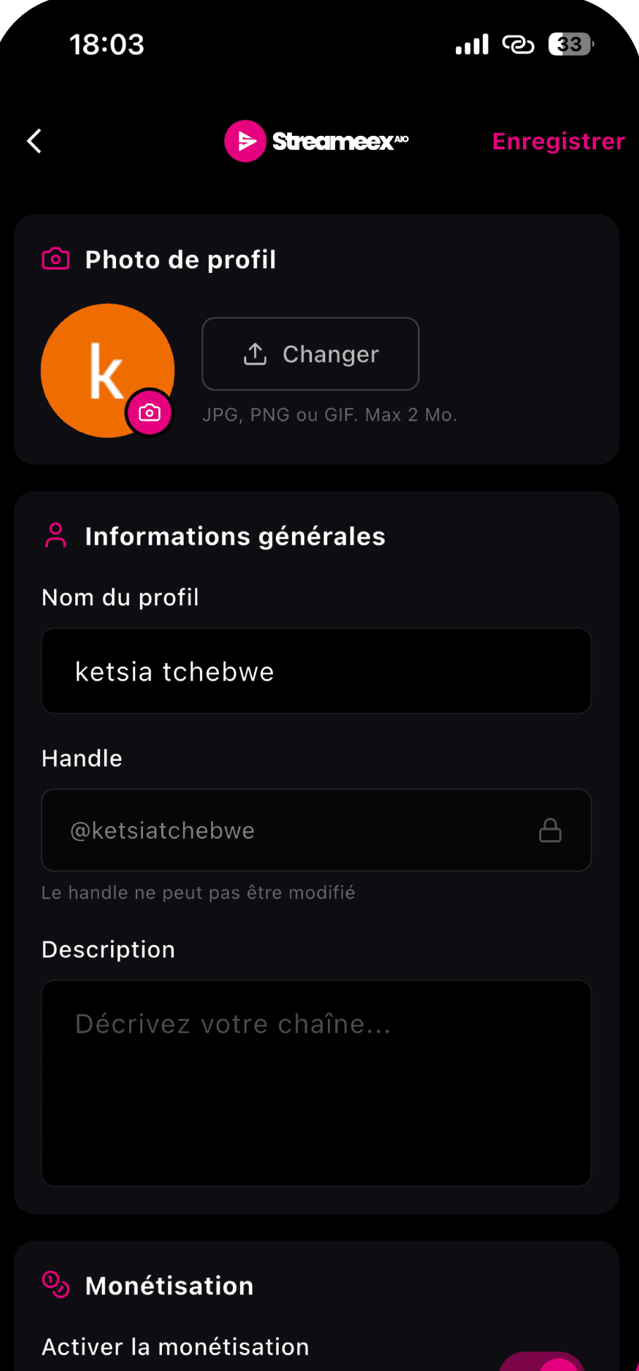 Réglages du profil créateur sur Streameex AIO, avec la monétisation activée